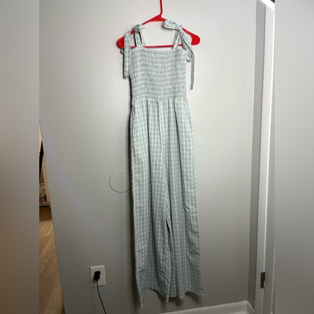 Blue Gingham Jumpsuit with Adjustable Straps